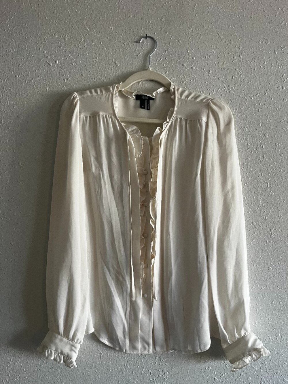 PAIGE Marquet 100% Silk Ruffle Blouse White XS Tie Neck Button Front Sheer